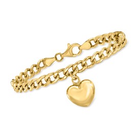 Ross-Simons Italian 18kt Gold Over Sterling Puffed Heart Curb-Link Bracelet. 7 inches