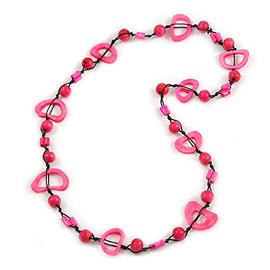 Neon Pink/Deep Pink Round and Oval Wooden Bead Cotton Cord Necklace/ 80cm Long