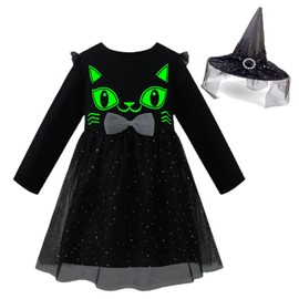 HILEELANG Toddler Girl Hallowen Dress Long Sleeve Novelty Black Cat Graphic Glow in The Dark Tulle Tutu Party Dresses with Witch Hat 4T