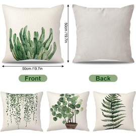 BIHEE Cushion Cover, 50 x 50 cm, Linen Cushion Covers, Set of 4, Green Leaf Decorative Cushion Cover for Sofa, Bedroom, Garden, Outdoor