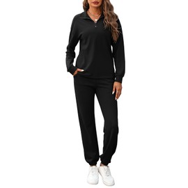 REORIA Women's Cotton Jogging Suit, Half Zip Tracksuits, Henley Neck, Two-Piece Long Sleeve Tracksuit, Leisure Suit, Sports Set, Lounge Set, 01_black