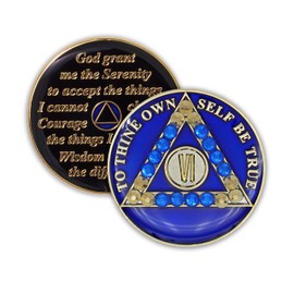 6 Year Sobriety Coin | Blue Crystallized AA Chip Medallion Recovery Anniversary Token with Serenity Prayer
