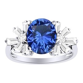 AFFY Oval Shape Simulated Blue Sapphire with White CZ Starburst Engagement Ring in 14K White Gold Over Sterling Silver Ring Size-14