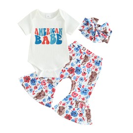 4th of July Newborn Baby Girl Outfits American Babe Short Sleeve Romper Cow Bell Bottoms Set Infant Western Clothes (White Babe, 3-6 Months)