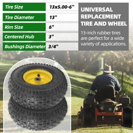 13x5.00-6 Tire and Wheel Assembly (2-Pack), Tubeless Lawn Mower Tire with Rim, with 3/4” Bushings and 3” Centered Hub Length