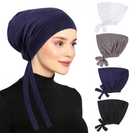 XEPST Set of 4 Hijab Undercap for Women, Islamic Muslim Under Hijab Cap, Plain Inner Undercloth with Back Closure, Turban Head Wrap for Women, Chemo Sleep Cap, Set 1, Black, white, dark navy, grey