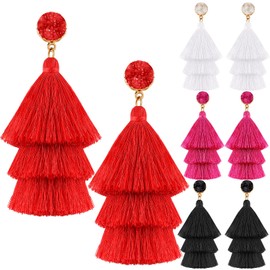 Bonuci 4 Pairs Tassel Earrings Red Earrings for Women Tassel Earring for Women Bohemian Druzy Stud Dangle Birthday Christmas Wedding Daily (White, Red, Rose Red, Black)