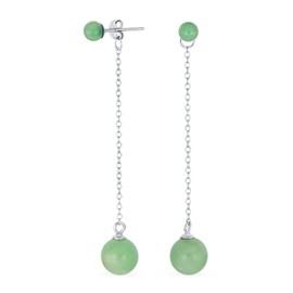 Simple Gemstone Dangle Double Round Genuine Green Jade Long Linear Dangle Chain 2 Ball Earrings For Women .925 Sterling Silver 8MM