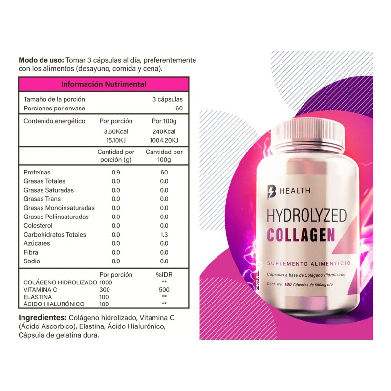 Colágeno Hidrolizado + Ácido Hialurónico + Elastina 180 Cap