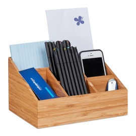 Relaxdays Desk, 6 Compartments for Pens, Notes, Letters, Paper Clips, Desk Organiser, Bamboo, Natural, H x W x D: approx. 12.5 x 22 x 16 cm