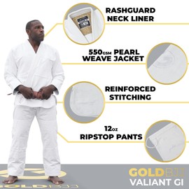 Gold BJJ Valiant Gi - Heavyweight 550gsm Pearl Weave Jiu Jitsu Uniform - IBJJF Legal (White, A1)