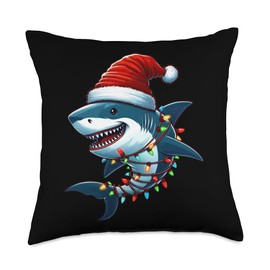 Shark Santa Hat Christmas Lights Sharkmas Tree Boys Girls Throw Pillow