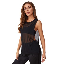 SweatyRocks Women's Workout Yoga Tops Sheer Mesh Gym Exercise Shirts Flowy Tank Top Black M