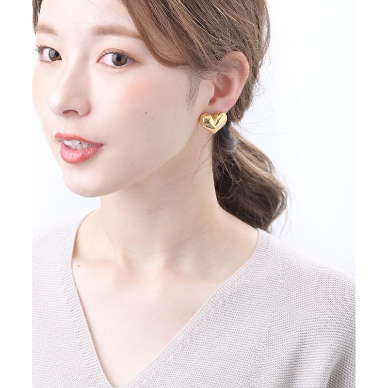 VingTAINE P5190 Pierced Earrings, Heart, Metal, Chubby, Volume, Big, Large,