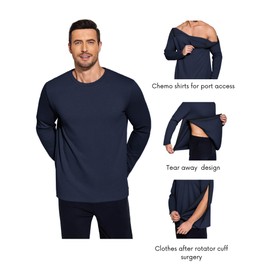 Deyeek Post Shoulder Surgery Recovery Shirts for Men Chemo Port Access Top Snap Full Tear Away Long Sleeve
