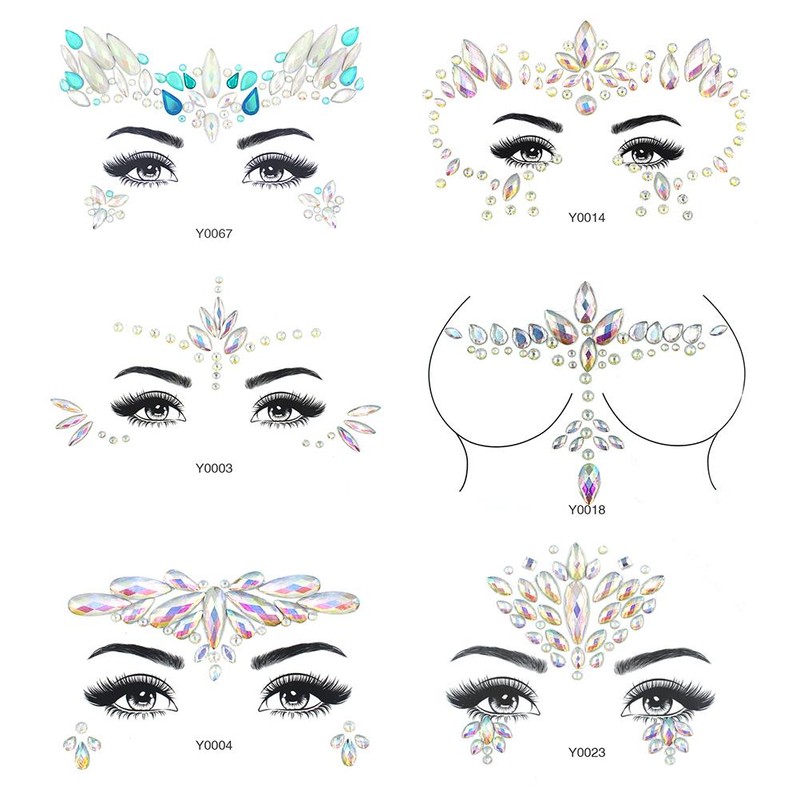 6Pcs Luminous Rhinestones Face Temporary Tattoos Glitter Festival Face Stickers