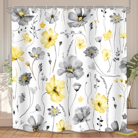 LGhtyro Watercolor Floral Shower Curtain Bathroom Set 71Wx71H Inches Yellow Grey Gray Flower Spring Leaves Modern Wildflower Bath Accessories Botanical Minimalist Art Home Decor Fabric 12 Pack Hooks