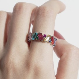 Michooyel Eternity Rainbow Ring Band Ring for Women Girls Rhodium Plated Baguette Eternity Ring with Multicolor Cubic Zirconia