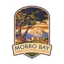 Die Cut Sticker Morro Bay, California, Town View with Morro Rock, Contour Vinyl Sticker 1 to 3 inches (Waterproof Decal for Cars, Water Bottles, Laptops, Coolers), Small