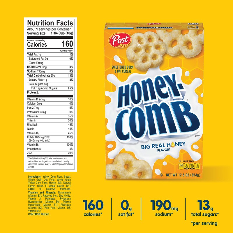 Post Honeycomb Cereal, Honey Flavored Sweetened Corn and Oat Cereal,