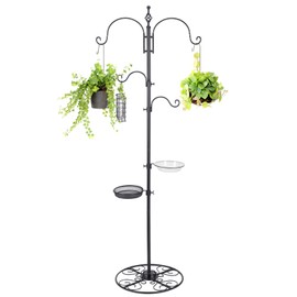 MorningRo Adjustable Shepherd Hook Stand, 34"- 55" Black Iron Shepherd Hook with Base for Plant Hanging, Wind Chime & Bird Feeder - Outdoor Garden Porch Decoration(Basic Style)