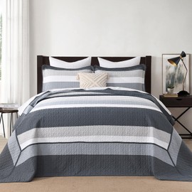 SahSahCasa 120"x120" 100% Cotton Oversized California King Bedspread Coverlet Striped Quilt Set, Cal King Quilted Bedspread Extra Large Quilt, XL Bed Spread Lightweight Comforter, Dark Slate Gray