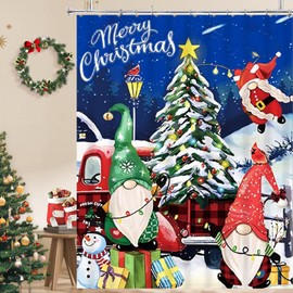 BIVINAR Gnome Christmas Shower Curtain 72 x 72 Inch, Merry Christmas Red Truck with Christmas Tree Shower Curtain, Winter Blue Night Shooting Star Snowman Fabric Shower Curtain