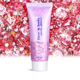 Face Body Glitter - Hair Glitter Sparkles Chunky, Temporary Tattoos Adult, Holographic Face Paint for Singer Concerts Disco Festival Rave, 50ml (Pink Body Glitter)