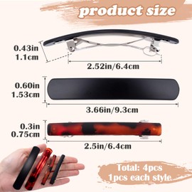 STSTR 4PCS French Barrette Hair Clips for Women, 2 Styles Small Tortoise Shell Hair Clip, Curved Frosted Thin Hair Flat Hair Accessories for Women (Black, Reddish Brown)