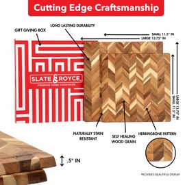 SLATE & ROYCE Acacia Wood Cutting Board Set of 2 - Herringbone Pattern Kitchen Boards - Large & Small Square Wooden Cutting Boards - Premium Charcuterie Boards - Serving Tray - With Gift Box