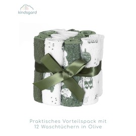 kindsgard Vaskedag Baby Wash Cloths Pack of 12 | 100% Cotton, Absorbent, Cuddly Soft, Washable (Olive)