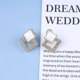 Allereya Vintage Crystal Square Earrings Rhinestone Square Stud Earrings Square Geometric Earrings White Enamel Square Earrings Jewellery for Women and Girls (White)