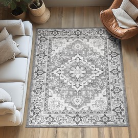 Lessymo 3 x 5 Area Rugs for Living Room- Machine Washable Area Rugs Boho Faux Wool Low Pile Area Rug for Bedroom Floral Medallion Vintage Rugs with Non-Slip Rubber, Kid & Pet Friendly,Grey Beige