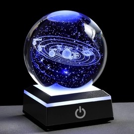SC Products 3D Solar System Crystal Ball with LED Colour Changing Stand | 80 mm Engraved Universe with Planets Names Sphere Astronomy Science Night Light Decoration Gift for Children