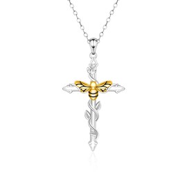 Bee Cross Necklace for Women - 925 Sterling Silver Cross Bee Pendent Religious Necklaces Jewelry Gifts