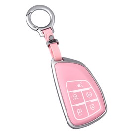 OFF WE GO for Chevy Key Fob Cover with Keychain, Zinc Alloy and TPU Protection Key Case for 2021-2024 Chevy Suburban Tahoe Silverado 1500 GMC Yukon Sierra Buick Envision Smart Key Holder, Pink