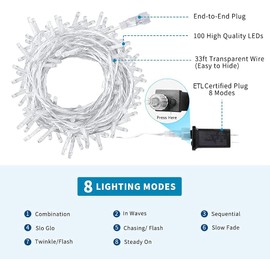 Christmas String Lights, 33FT 100 LEDs Indoor Outdoor Fairy Lights 8 Flashing Modes with End-to-End Plug, Waterproof Fairy Lights for Bedroom Wall Wedding Party Decorations - (Warm White)