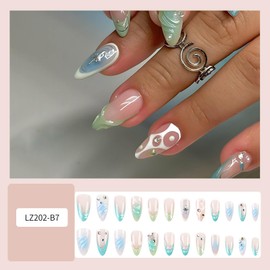 RTKHFZE Short Almond Press on Nails Orange,Short Almond Shape Fake Acrylic Nail Press Ons,Fall/Winter Full Cover Nails for Women/Prom/Party/Holiday(Blue French Tips,Pink)