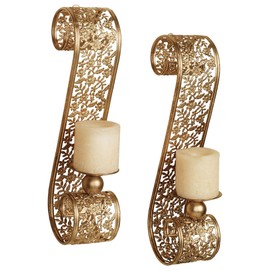 Touch of Class Classic Elegant Scrolling Diandre Metal Wall Sconce Pair - Finished in Antique Gold - Candle Pair Decor - Set of Two - Floral Vine - 16 Inches High