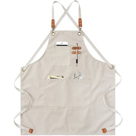 Mandil Parrillero,Delantal de Cocina para hombres y mujeres con bolsillos grandes,Mandiles de Cocina de Adjustable en Piel,Para barbacoa,cocina,peluquería,cafetería,jardín,etc (Blanco)