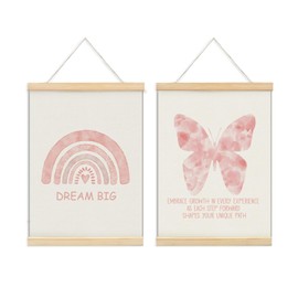 ShowDraven Nursery Wall Decor, Boho Rainbow Positive Affirmations Butterfly Poster Framed with Wood Hanger for Girls Nursery Room Decor, 12x16 Inch Set of 2