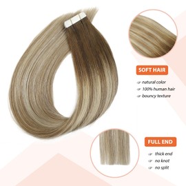 XDhair Tape In Hair Extensions 50g 20pcs 22 Inch Balayage Ombre Walnut Brown to Ash Brown and Blonde Tape in Hair Extensions(#3/8/22,22Inch)
