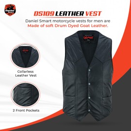 Daniel Smart Biker Vest for Men Premium Goat Leather Motorcycle Vest with Unique V-Shaped Design and Multiple Pockets