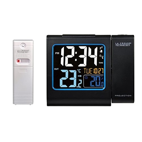 Lacrosse Technology WT552-BLA Radio-Controlled Alarm Clock with Red Projection, LCD Screen and Shows Indoor / Outdoor Temperatures, Black