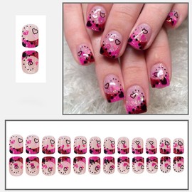 24Pcs Heart Press on Nails Short Square Valentines Fake Nails Romantic Style Pink Red French Tip Glue on Nails with Glossy Designs Full Cover Acrylic Nails for Women DIY Valentines Nail Decor