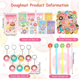 Doughnut Party Bag Set, 8 Mini Spiral Notepad + 8 Key Rings + 8 Doughnut Pens + 50 Stickers, for Boys Girls Party Favour Children Birthday Party Accessories Decoration