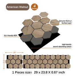 ARMURO Wall Paneling for Interior Wall - 4 PCS Hexagon Wall Panels - Hexagon Acoustic Panels - Natural Walnut Wood Veneer Sound Proof Panels for Walls, Wood Slat Wall Panel 23.8" W x 29" L
