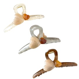 5 Inch Extra Large Claw Clips, 3 PCS Heart Hair Clips for Women Nonslip Large Hair Claw Clips for Thin and Thick Hair Strong Hold Hair Bows (Light Brown+Off-White+Dark Brown)