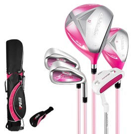 PGM Junior Golf Club, AXIAL Golf Clubs Complete Set Right Handed for Children Kids 3-5（95-115cm）, 5 Pieces Youth Golf Clubs with Stand Bag and 1 Headcover for Boys & Girls White Pink