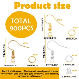 Gzcnsel 900Pcs Earring Hooks Fish Hook Ear Wires, Plated Ball Dot Design for DIY Jewelry, Hypoallergenic, Dark/Light Gold & Silver, Ideal for Earrings, Crafts, and Jewelry Making Supplies